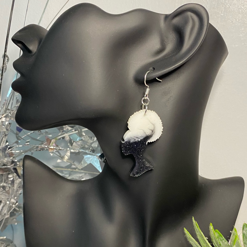 Sjb Handmade Black White Afro Woman Resin Earrings Silver Fish Hook Rubber Backs